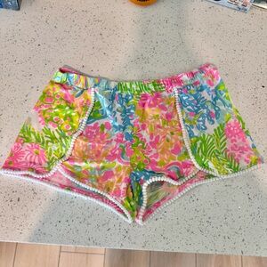Lilly Pulitzer girls shorts XL 12-14 Lover’s Coral multicolor pom